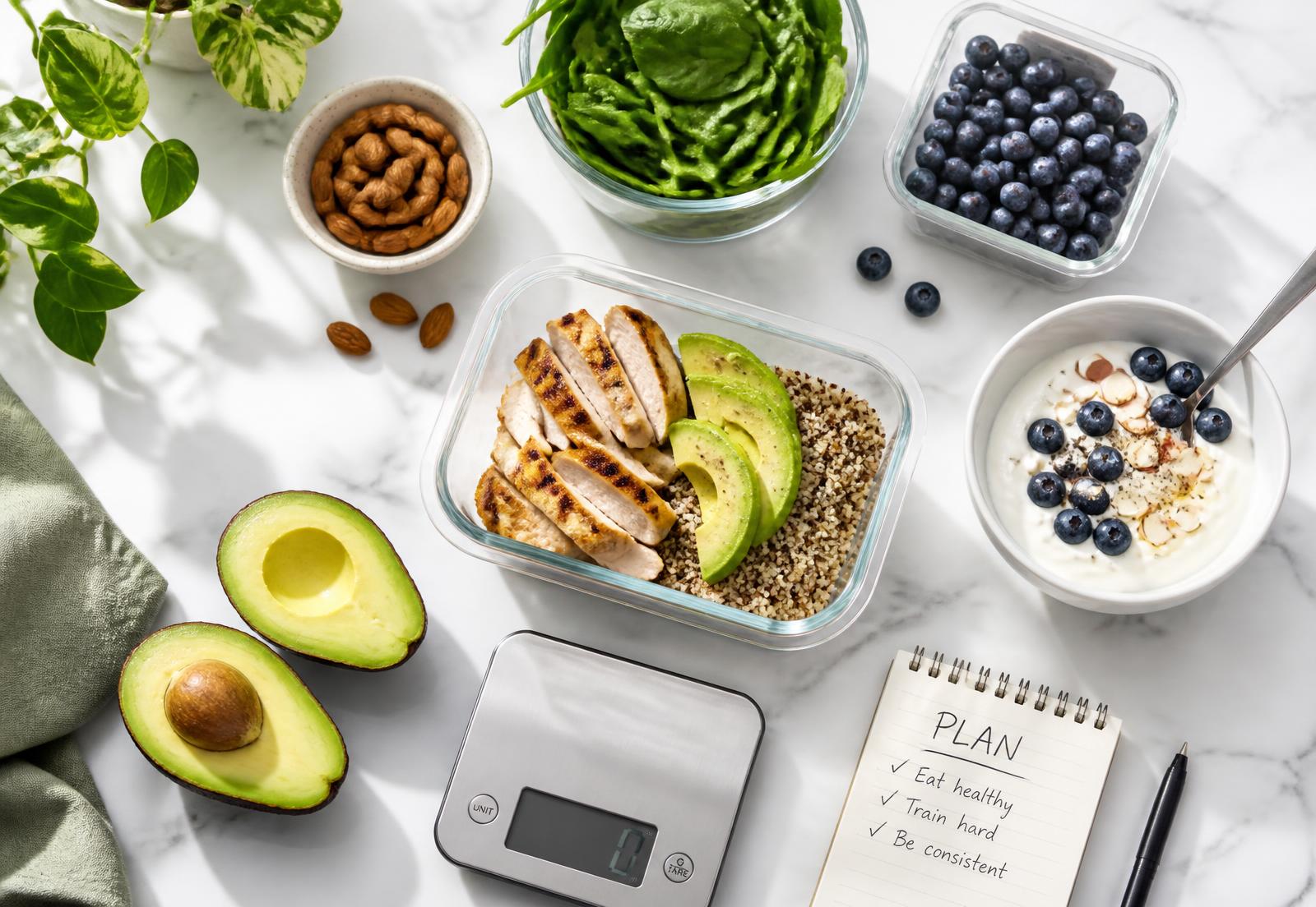 Meal prep containers with chicken, avocado, greens, berries and a kitchen scale